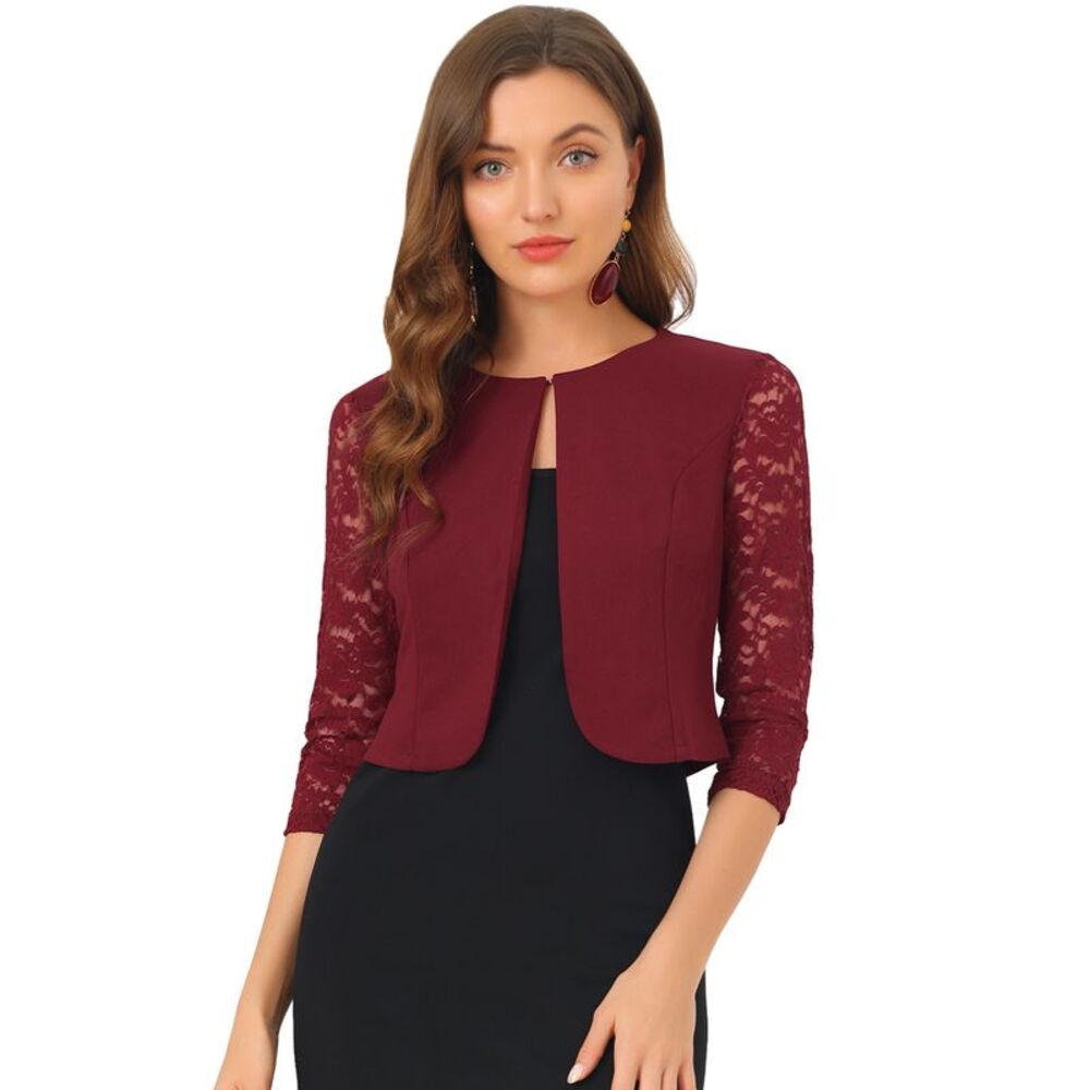 Allegra K Women's Burgundy Lace Sleeve Top
